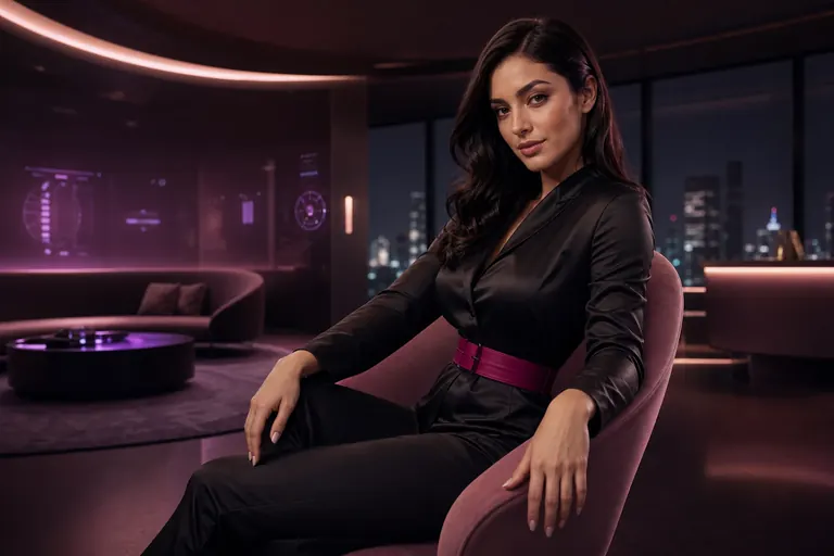 Adult cyber-lounge companion in a black satin cosplay look